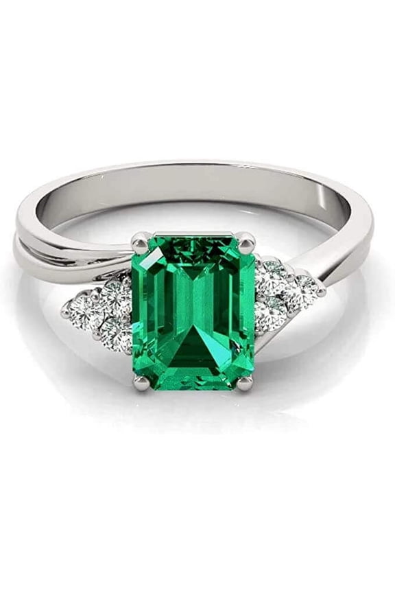 2.50 Carats Certified Lab Grown Colombian Emerald & Lab Grown Diamond Solitaire Engagement Ring with Trio Accents in 14K White-Gold