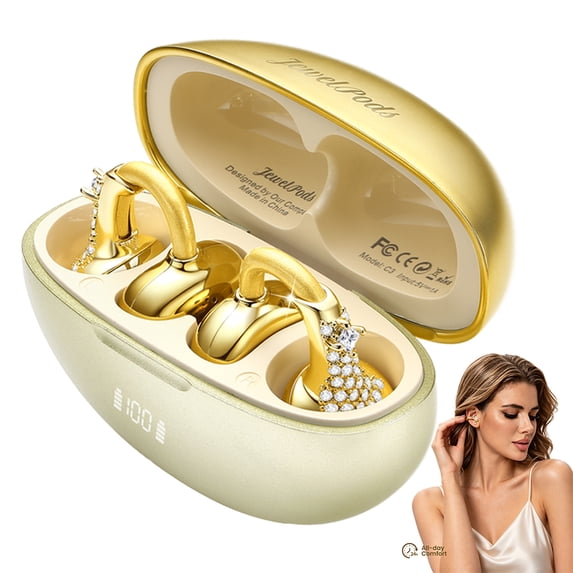 JewelPods C3 Wireless Bluetooth Earbuds — Jewelry Open-Ear Design. Bluetooth 6.0 with 60H Playtime, LED Digital Display, Lightweight, Sweat & Water Resistant, Clip-on Casual/Sports Earbuds.