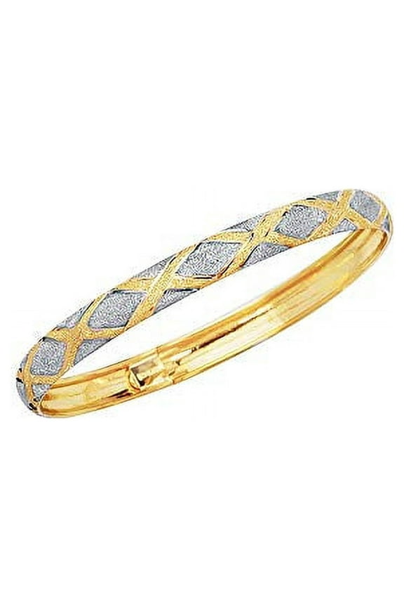 JewelStop 10K Yellow White Gold 6mm Shiny Textured Flex White Diamond Shape Bangle - 7 Inches, 4.1gr.