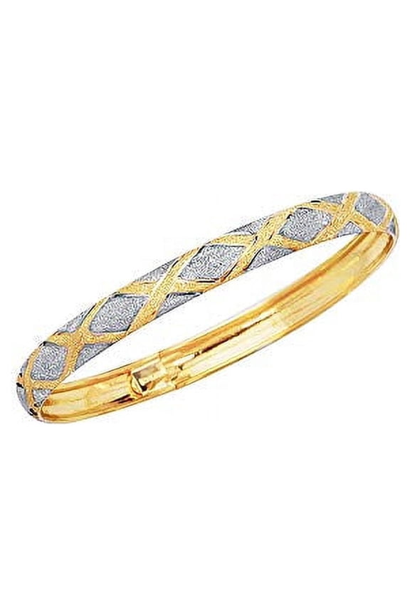 JewelStop 10K Yellow White Gold 6mm Shiny Textured Flex White Diamond Shape Bangle - 8 Inches, 5gr.