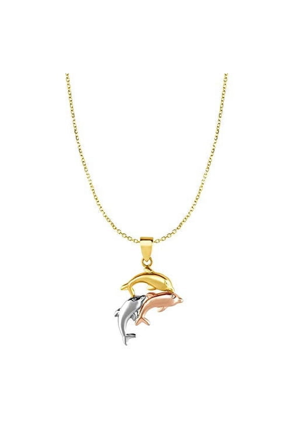 JewelStop 10k Tri Color Gold Dolphin Pendant On Cable Chain Necklace, Lobster Clasp - 18 inches, 1.75gr.