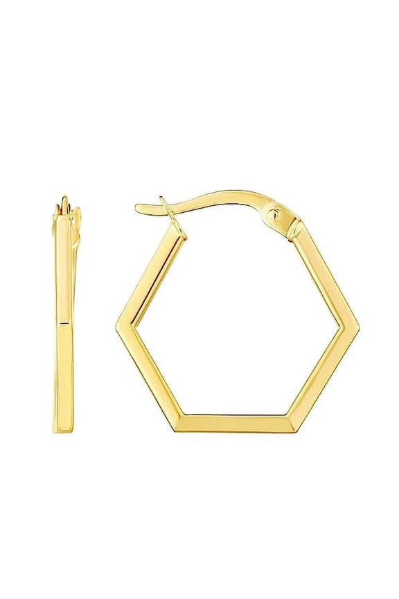 JewelStop 14K Gold Hexagon Hoop Earrings with Polished Finish and Hinged Clasp for Women - 1.50gr