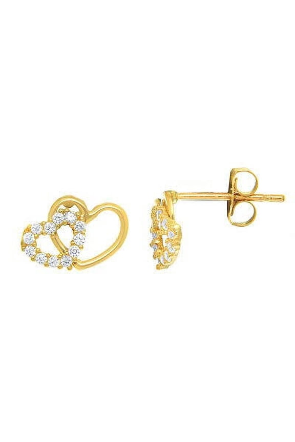 JewelStop 14K Solid Yellow Gold CZ Double Heart Stud Post Earrings
