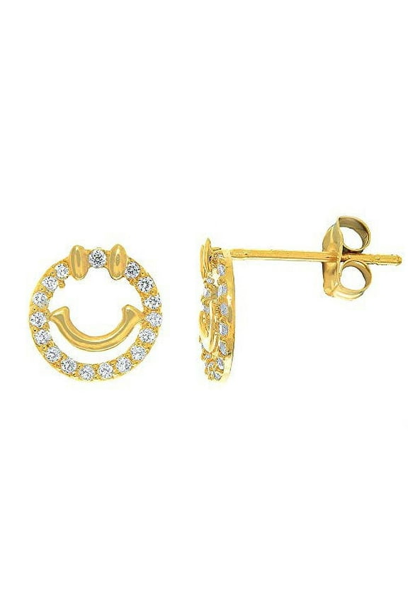 JewelStop 14K Solid Yellow Gold CZ Smiley Face Earrings