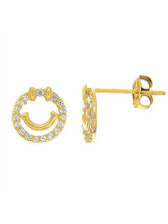 JewelStop 14K Solid Yellow Gold CZ Smiley Face Earrings