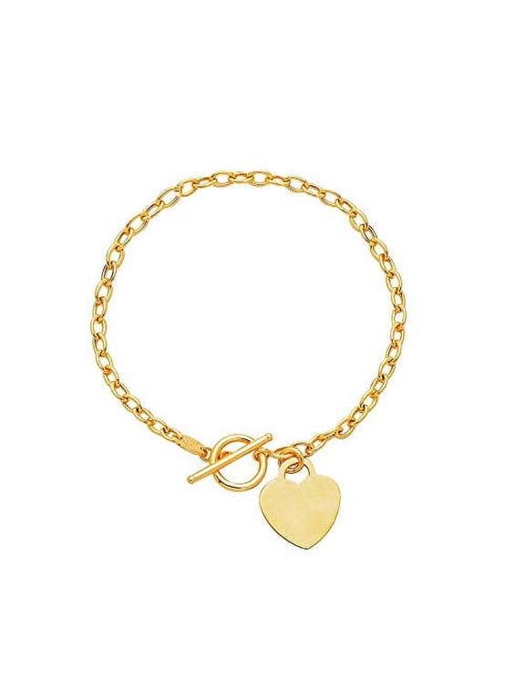 JewelStop 14K Solid Yellow Gold Link Toggle 3mm Bracelet Heart Tag -7.5 Inches