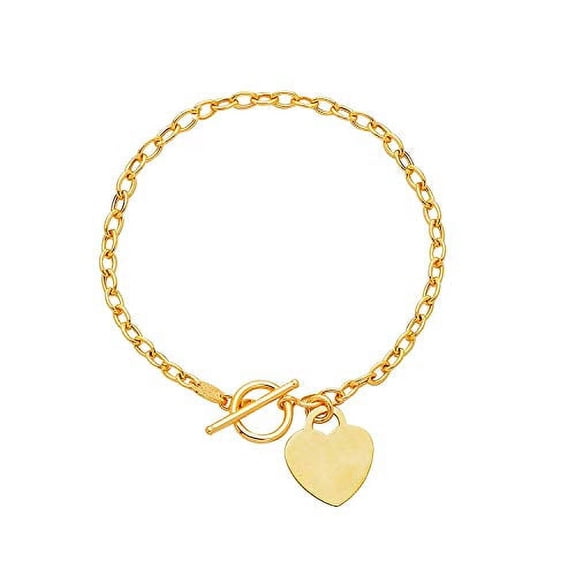 JewelStop 14K Solid Yellow Gold Link Toggle 3mm Bracelet Heart Tag -7.5 Inches