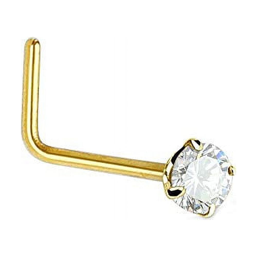 JewelStop 14K Solid Yellow Gold Nose Ring Bone CZ Prong Set - 0.5mm 24 Gauge 8mm Long