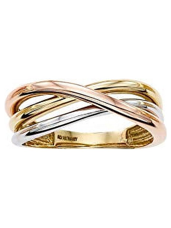 JewelStop 14K Tri-Color Gold 2.5-8mm Shiny Cross Over Ring, Size 7