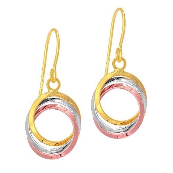 JewelStop 14K Tri-Color Gold Shiny 3-Open Interlocked Ring Drop Earrings, 1gr.