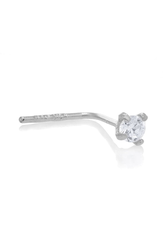 JewelStop 14K White Gold L Bend Prong Set Cubic Zirconia Nose Stud Ring - 0.5mm 24 Gauge 8mm Long