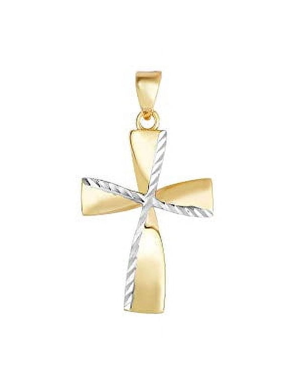 JewelStop 14K White & Yellow Gold Shiny Diamond-Cut Fancy Cross Pendant, 1.2gr.