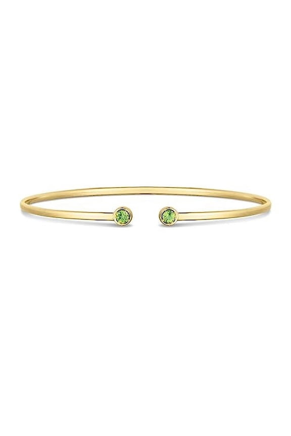 JewelStop 14K Yellow Gold 2mm Round Peridot Open Cuff Bangle with Polished Finish - 3.2gr