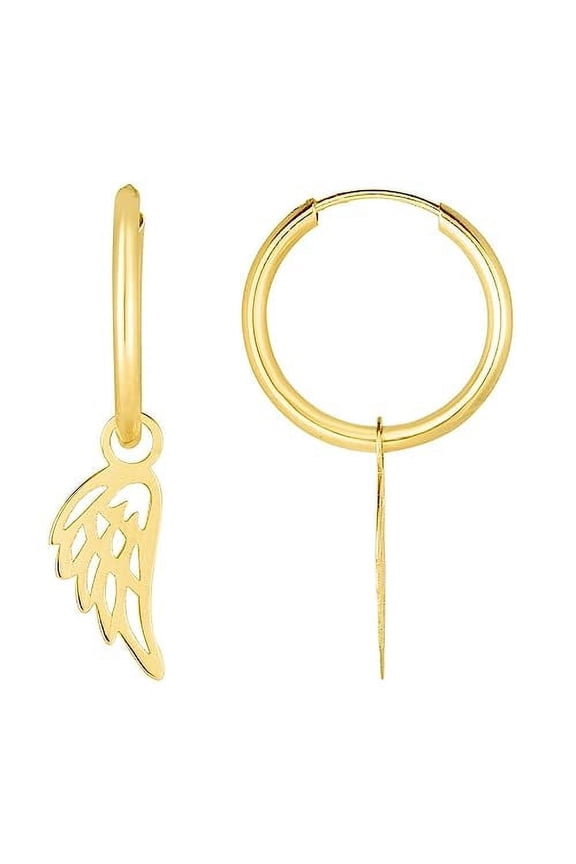 JewelStop 14K Yellow Gold Angel Wing Dangle Light Weight Hoop Earrings with Polished Finish and Endless Clasp
