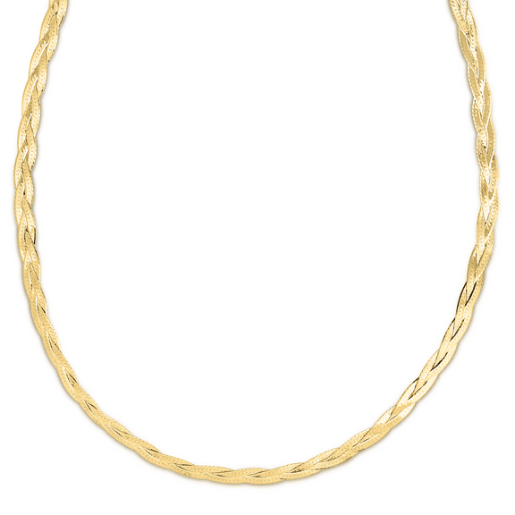 JewelStop 14K Yellow Gold Diamond Cut/Textured Finish 3.2mm Braided Herringbone Fancy Chain with Lobster Clasp - 18"