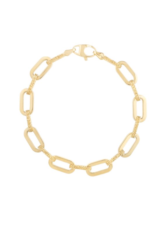 JewelStop 14K Yellow Gold Diamond Cut/ Textured Finish 7mm Diamant Paperclip Bracelet with Lobster Clasp - 7"