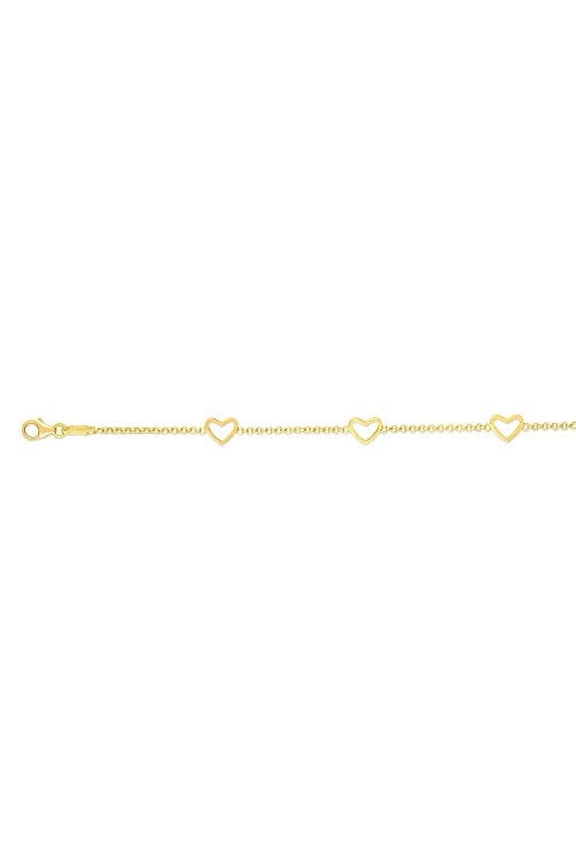 JewelStop 14K Yellow Gold Element:6x5mm Shiny Fancy Stationed Heart Bracelet, Lobster Clasp