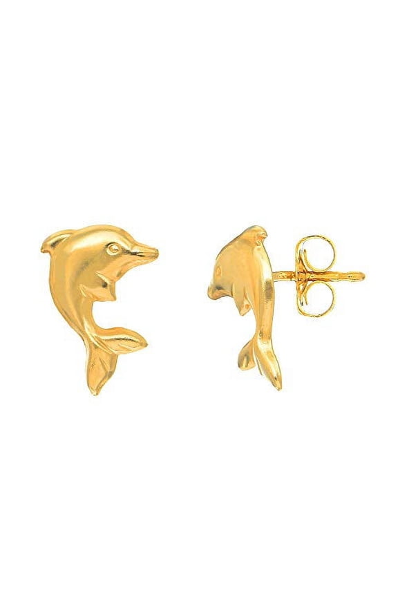JewelStop 14K Yellow Gold Jumping Shiny Dolphin Stud Earrings