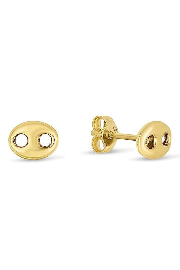 JewelStop 14K Yellow Gold Mariner Link Button Hoop Earrings with Polished Finish and Push Back Clasp