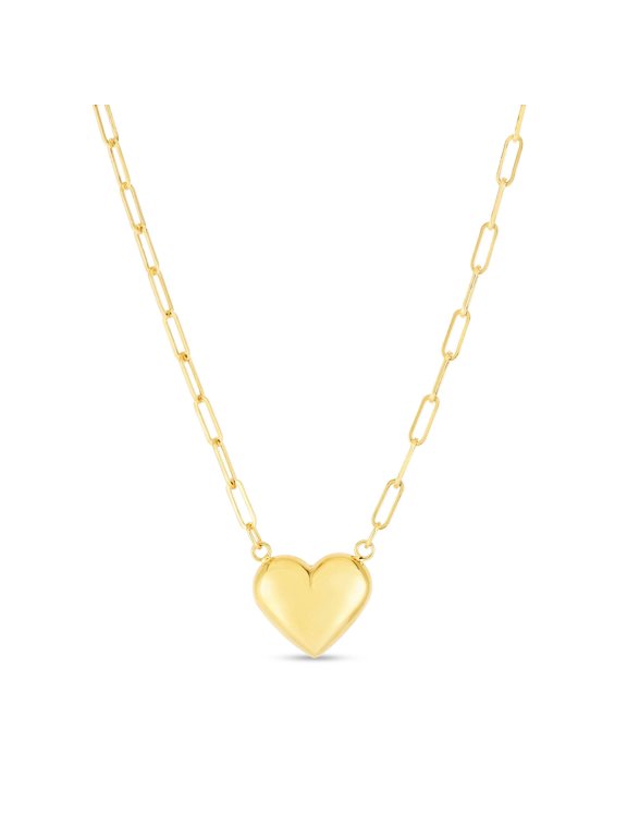JewelStop 14K Yellow Gold Polished Finish 2.5mm Paperclip Puffed Heart Chain Necklace with Lobster Clasp - 18"
