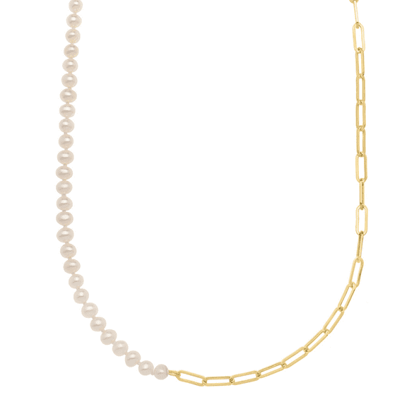 JewelStop 14K Yellow Gold Polished Finish 5mm Pearl & Lite Paperclip Link Necklace with Lobster Clasp - 18"
