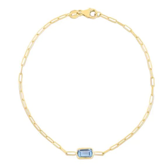 JewelStop 14K Yellow Gold Polished Finish 6x4mm Emerald Cut Blue Topaz Paperclip Bracelet with Lobster Clasp - 7"