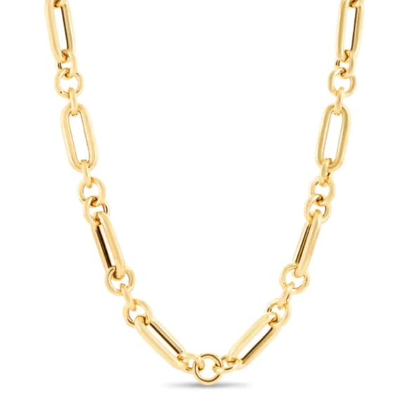 JewelStop 14K Yellow Gold Polished Finish Alternating Interlocking Round Links Paperclip Chain Bracelet with Lobster Clasp - 7.5"