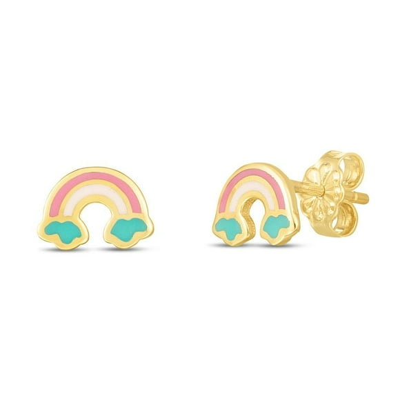 JewelStop 14K Yellow Gold Polished Finish Rainbow Enamel Stud Earrings with Push Back Clasp