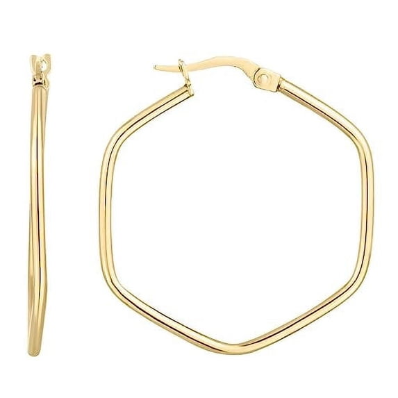 JewelStop 14K Yellow Gold Rounded Edges Hexagon Hoop Earrings with Polished Finish and Hinged Clasp for Women - 1.1gr