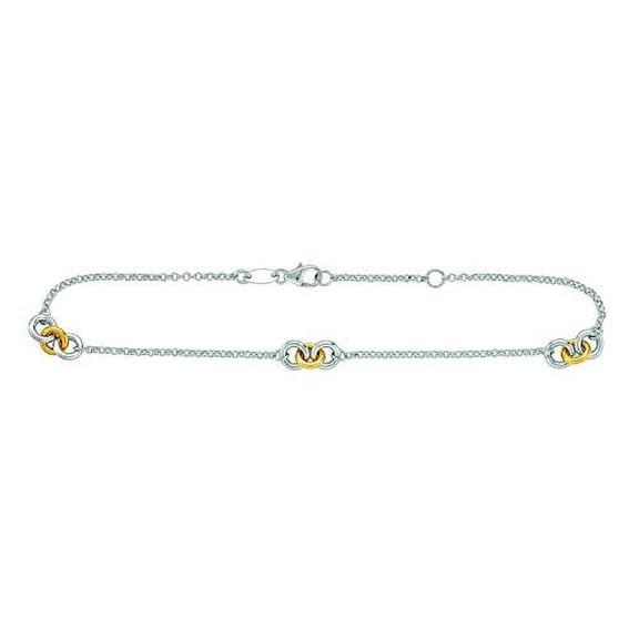 JewelStop 14K Yellow Gold Sterling Silver Rhodium Rolo Chain With Rings Anklet Bracelet, Lobster Claw-10 Inches