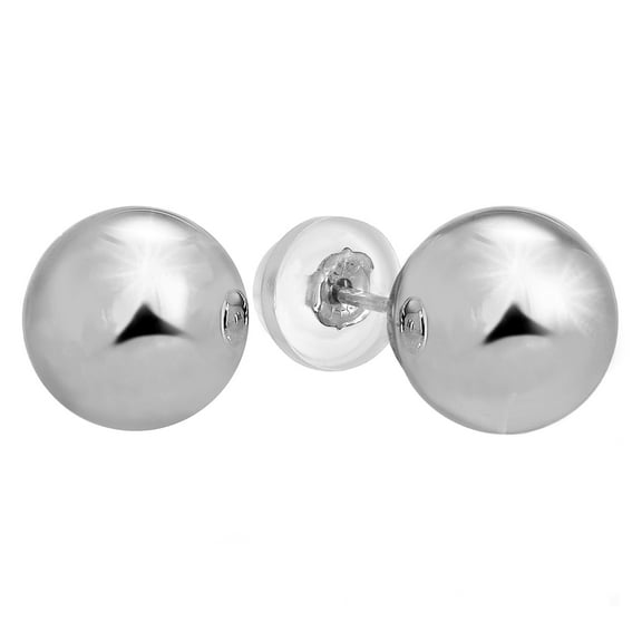 JewelStop 14k Real White Gold Stud Ball Earrings, Silicone Covered Gold Pushbacks - 8 mm