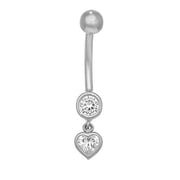 JewelStop 14k Solid Gold White Belly Dangle Heart Bezel CZ Navel Ring Body Jewelry, 1gr.