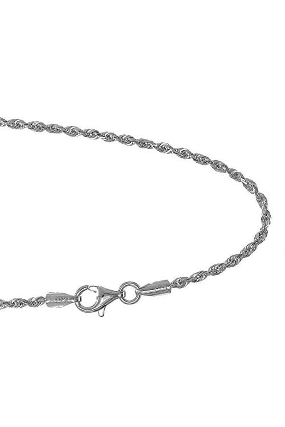 JewelStop 14k Solid White Gold 2 mm Rope Chain Bracelet, Lobster Claw Clasp - 7 Inches, 1.7gr.