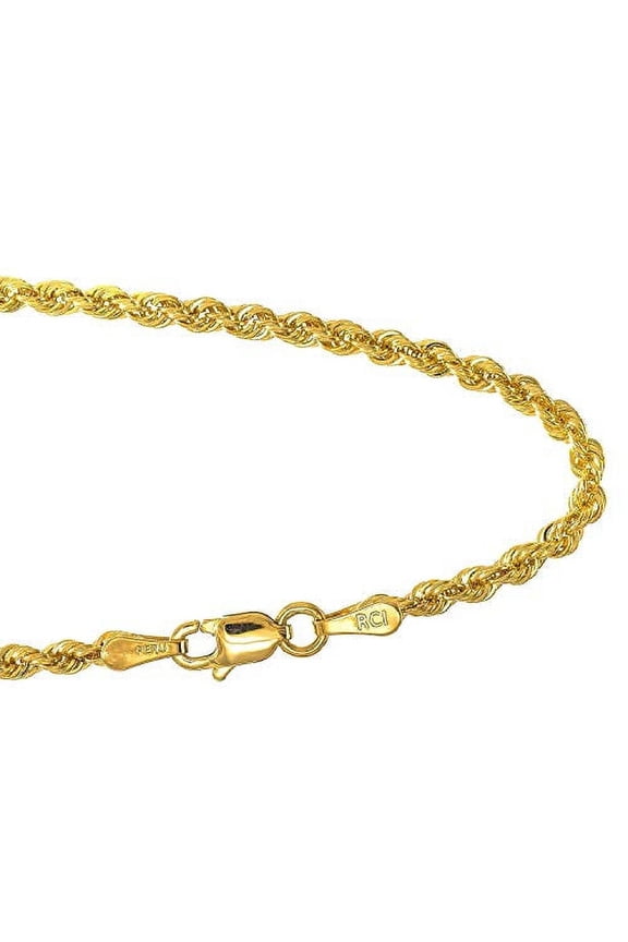 JewelStop 14k Solid Yellow Gold 3 mm Rope Chain Bracelet, Lobster Claw Clasp- 8 Inches, 7.4gr.