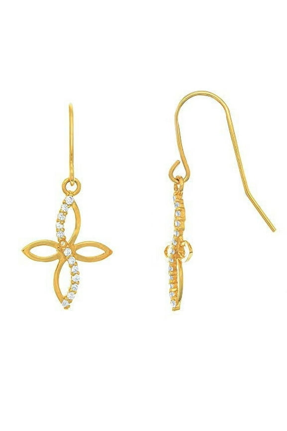 JewelStop 14k Solid yellow Gold CZ Cross Religious Infinity Sheperd Hook Wire Earrings