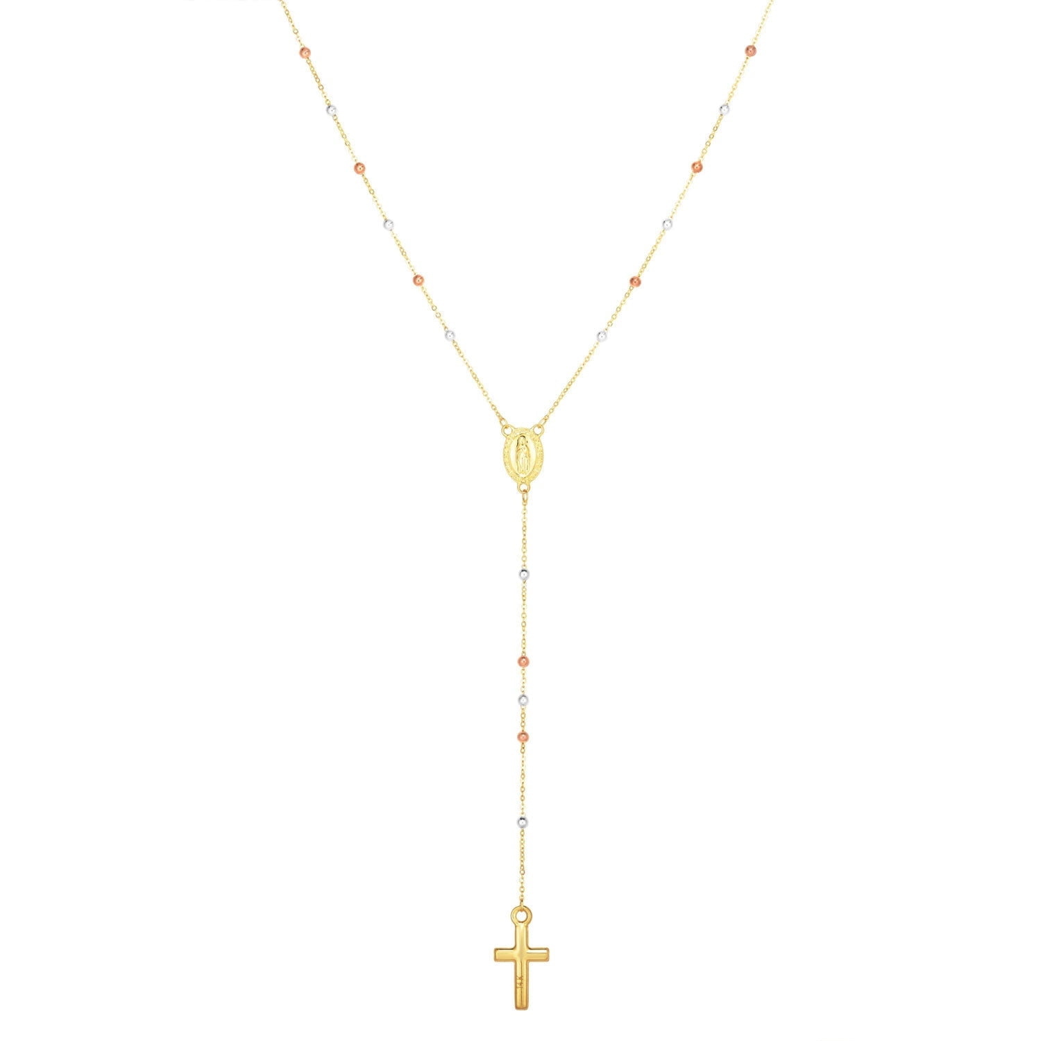 JewelStop 14k Tri-color Gold Polished Finish 1.7mm Rosary Inspired Lariat Chain Necklace - 26"