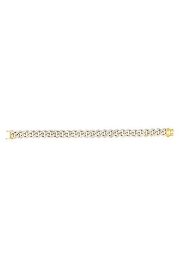 JewelStop 14k Yellow Gold 11.3mm White Pave Curb Link Bracelet with Box Side Push Clasp 8.5 Inches