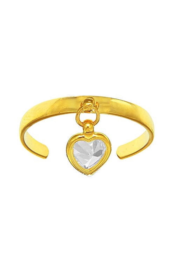 JewelStop 14k Yellow Gold CZ Dangle Heart Toe Ring Adjustable, 1.1gr.