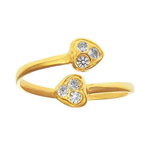 JewelStop 14k Yellow Gold CZ Heart Toe Ring Adjustable, 1.3gr.