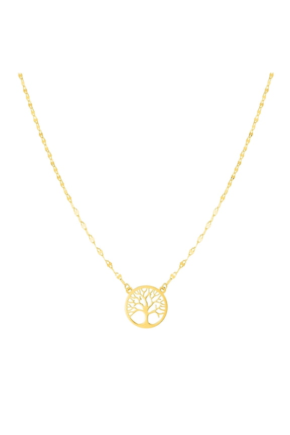 JewelStop 14k Yellow Gold Diamond Cut/ Textured Finish 1.2mm Tree of Life on Mirror Chain Necklace with Spring Ring Clasp - 18"