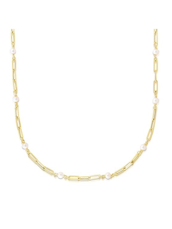 JewelStop 14k Yellow Gold Polished Finish 4.5 - 5mm Freshwater Pearl Stations Paperclip Necklace with Lobster Clasp - 24"