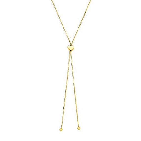 JewelStop 14k Yellow Gold Shiny 1mm Snake Chain Lariat 7mm Heart Element Adjustable Necklace, 4.25gr.
