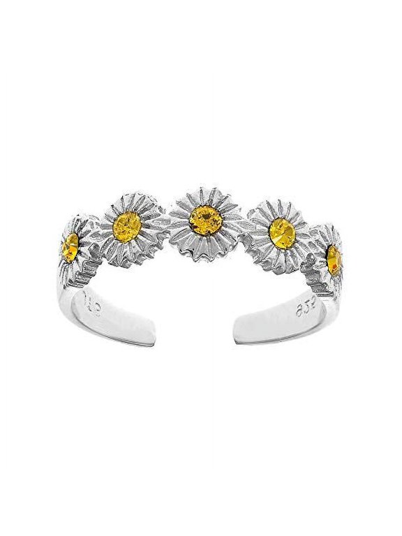 JewelStop 925 Sterling Silver Yellow CZ Flower Adjustable Toe Ring