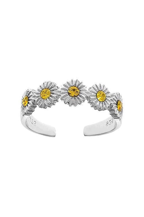 JewelStop 925 Sterling Silver Yellow CZ Flower Adjustable Toe Ring
