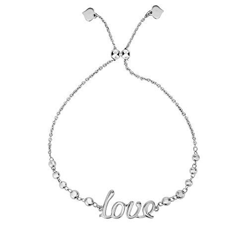JewelStop Silver Rhodium Finish Bead Stations & Curved ''Love'' Element On Adjustable Cable Bracelet, 3.3gr.