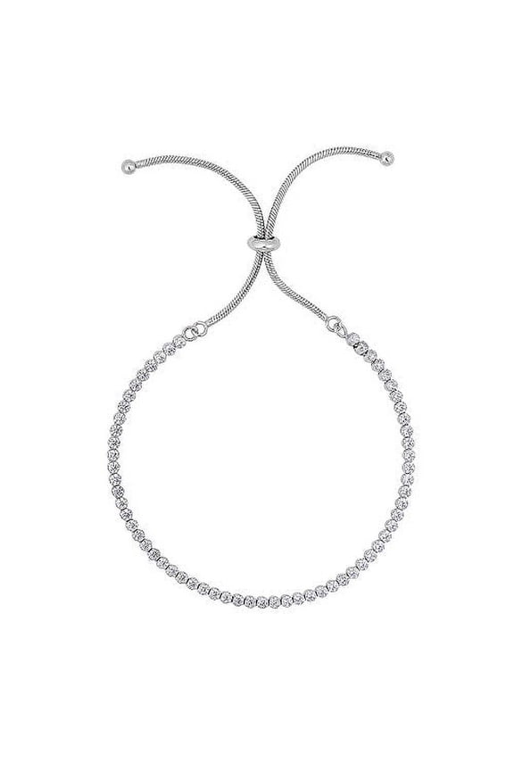 JewelStop Silver Rhodium Finish Shiny Tennis Adjustable Bracelet On Snake Chain, Draw String - 9.25 Inches, 4.2gr.