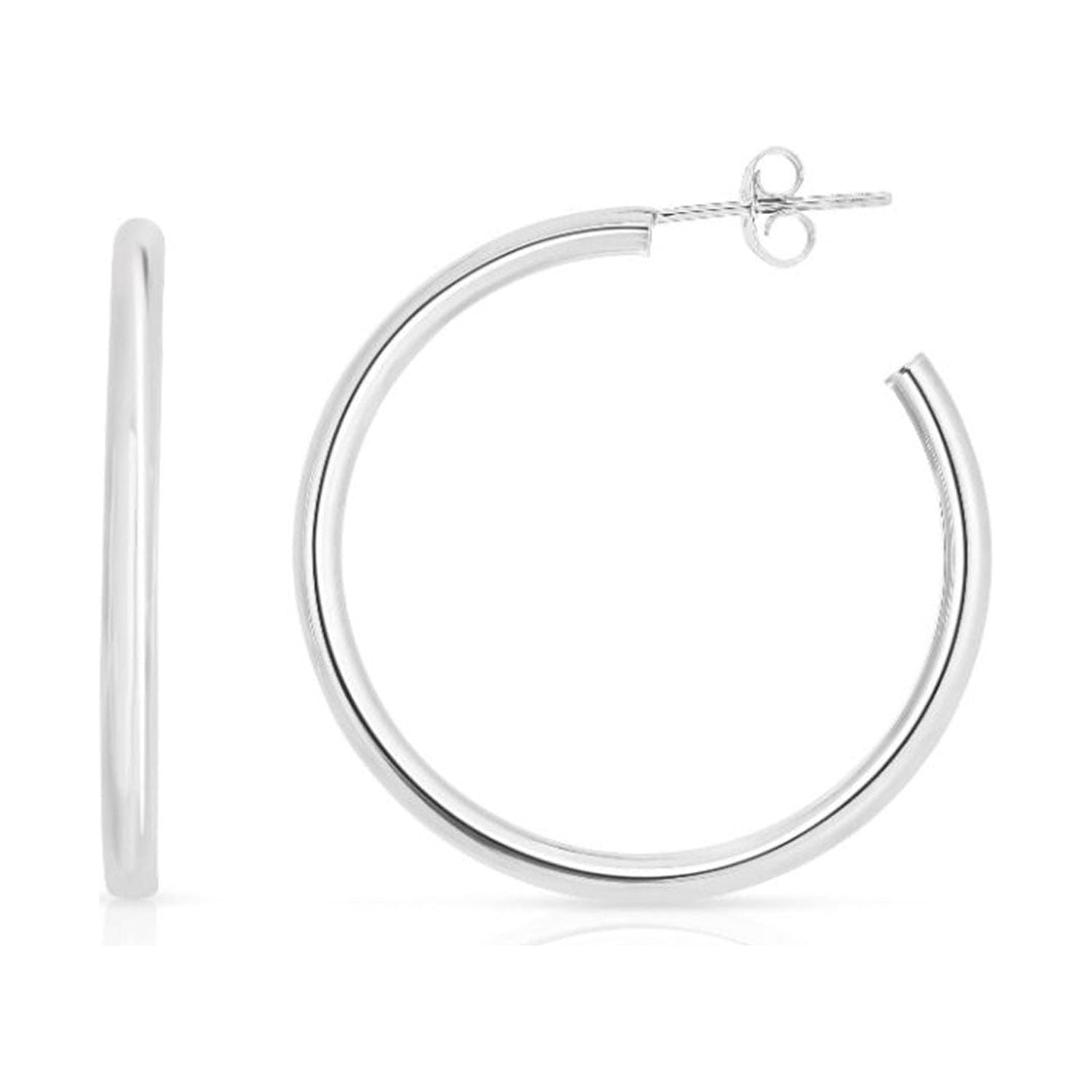 JewelStop Sterling Silver Polished Finish 40mm Round Tube C Hoop Earrings with Push Back closure.