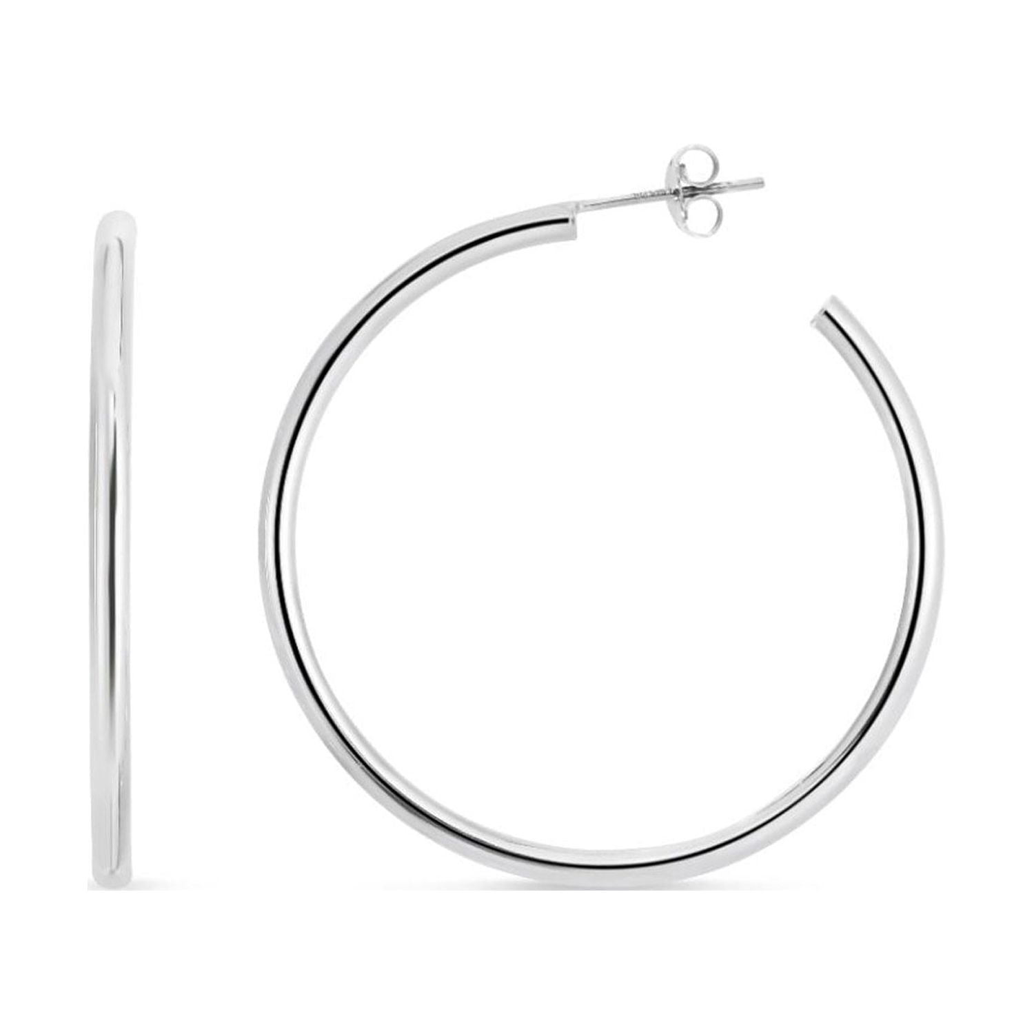 JewelStop Sterling Silver Polished Finish 50mm Round Tube C Hoop Earrings with Push Back closure.
