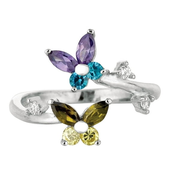 JewelStop Sterling Silver Silver Multi-Colored CZ Butterfly Design Body Art Adjustable Toe Ring