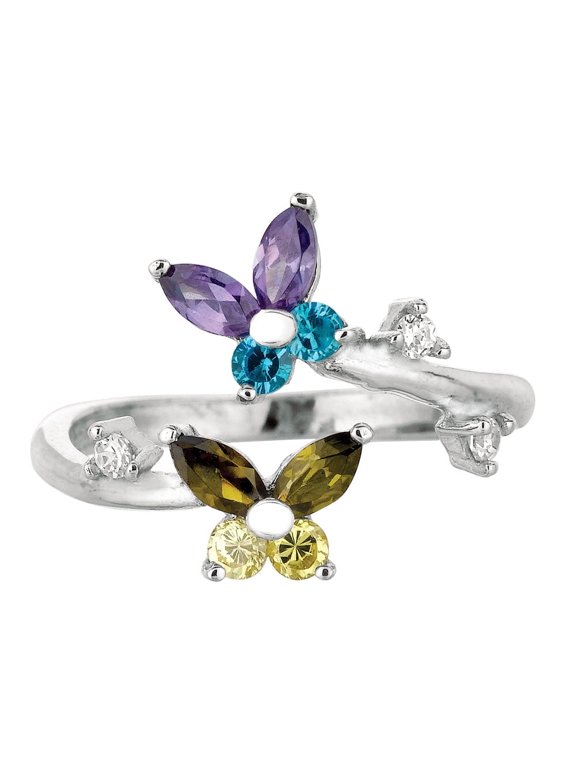 JewelStop Sterling Silver Silver Multi-Colored CZ Butterfly Design Body Art Adjustable Toe Ring
